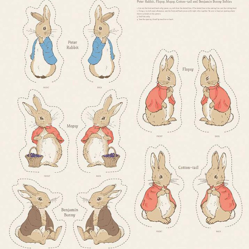 May include: A cream-colored sheet with illustrations of Peter Rabbit and his friends, including Flopsy, Mopsy, Cotton-tail, and Benjamin Bunny. Each character is shown in front and back views, with their names printed below. The text "Peter Rabbit" is visible.