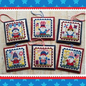 Counted Cross Stitch Pattern, Patriotic Gnome Littles, Patriotic Decor, Americana, American Flag, Gnomes, Waxing Moon Designs, PATTERN ONLY