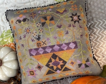 Counted Cross Stitch Pattern, Betsy's Halloween Basket, Pinkeep, Pillow Ornament, Pansy Patch Quilts and Stitchery, PATTERN ONLY