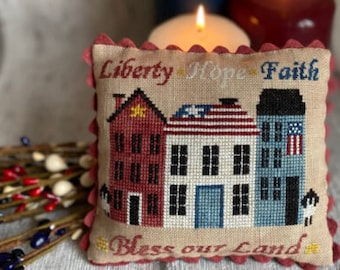 Counted Cross Stitch, Liberty Lane Pillow, Patriotic, American Flag, Inspirational, Americana, Country Rustic, Mani di Donna, PATTERN ONLY