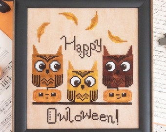 Counted Cross Stitch Pattern, Happy Owloween, Happy Autumn, Pumpkin, Owls, Primitive Decor, Luminous Fiber Arts, PATTERN ONLY