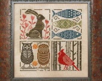 Cross Stitch Pattern, Seasonal Etchings, Spring Rabbit, Summer Fish, Fall Owls, Winter Cardinal, Heart in Hand, PATTERN ONLY