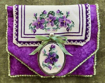 Counted Cross Stitch Pattern, Purple Pansy Needle Book, Garden Decor, Country Rustic, Pansy, Pendant, Elegance, Keslyn's, PATTERN ONLY