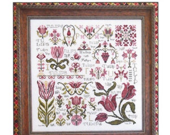 Counted Cross Stitch Pattern, Dreaming of Tulips, Sampler, Garden Sampler, Tulip Sampler, Tulip Motifs, Rosewood Manor, PATTERN ONLY