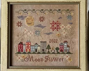 Counted Cross Stitch, Moon Flower, Original, Folk Art, Village, Moon, Trees, Flowers, Border, Motifs, Country Primitive, Hands to Work