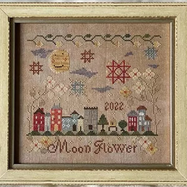 Counted Cross Stitch, Moon Flower, Original, Folk Art, Village, Moon, Trees, Flowers, Border, Motifs, Country Primitive, Hands to Work