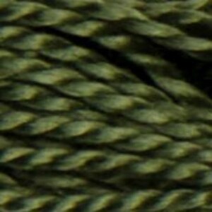 May include: Close-up of olive green embroidery floss, showing the twisted strands. The thread has a slight sheen, and the color varies slightly in tone. The texture is visible, with the individual fibers creating a rope-like appearance. Ideal for embroidery and other crafts.
