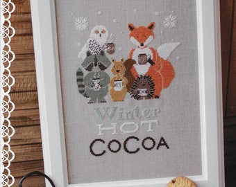 Counted Cross Stitch Pattern, Winter Hot Cocoa, Fox, Owl, Raccoon, Squirrel, Hedgehog, Woodland, Madame Chantilly, PATTERN ONLY