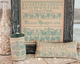 Counted Cross Stitch, Klara Hansen, Reproduction Sampler, Antique Reproduction, Swans, Hello from Liz Mathews, PATTERN ONLY