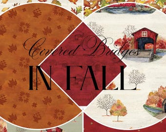 Quilt Fabric, Covered Bridges in Fall, Fall Fabric, Covered Bridges, Fall Leaves, Acorns, Toile, Tara Reed, Riley Blake