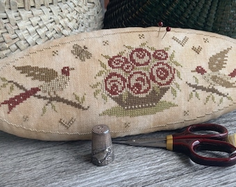 Counted Cross Stitch Pattern, Vintage Charm, Pinkeep, Roses, Butterfly, Pillow Ornament, Primitive, Scattered Seed Samplers, PATTERN ONLY