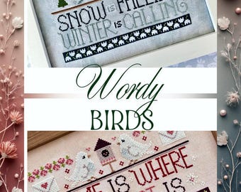 Counted Cross Stitch Pattern, Wordy Birds, Blue Jays, Love Birds, Winter, Valentines, Pillow Ornament, Bowl Filler, Sweet Wing, PATTERN ONLY