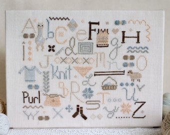 Counted Cross Stitch Pattern, The Knitter's Alphabet, Knitting, Yarn, Sampler, Knitting Needles, October House Fiber Arts, PATTERN ONLY