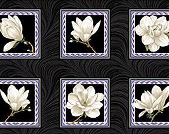 Quilt Fabric, Accent on Magnolias, Magnolia Blooms, Blocks Cream/Black, Floral Quilt Fabric, Benartex, Jackie Robinson, Animas Quilts