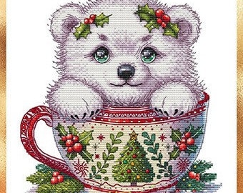 Counted Cross Stitch Pattern, Christmas Animal Cups, Bear, Christmas Decor, Teacup, Cottage Chic, Les Petites Croix de Lucie, PATTERN ONLY