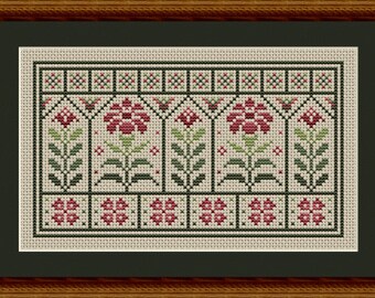 Counted Cross Stitch Pattern, Pink Garden Courtyard, Flower Motifs, Line Border Motifs, Spring Decor, Happiness is Heart Made, PATTERN ONLY