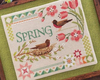 Counted Cross Stitch Pattern, Courier Duos: Spring Robins, Pillow, Springr Decor, Flower Motif, Robin Pickens, Pattern ONLY