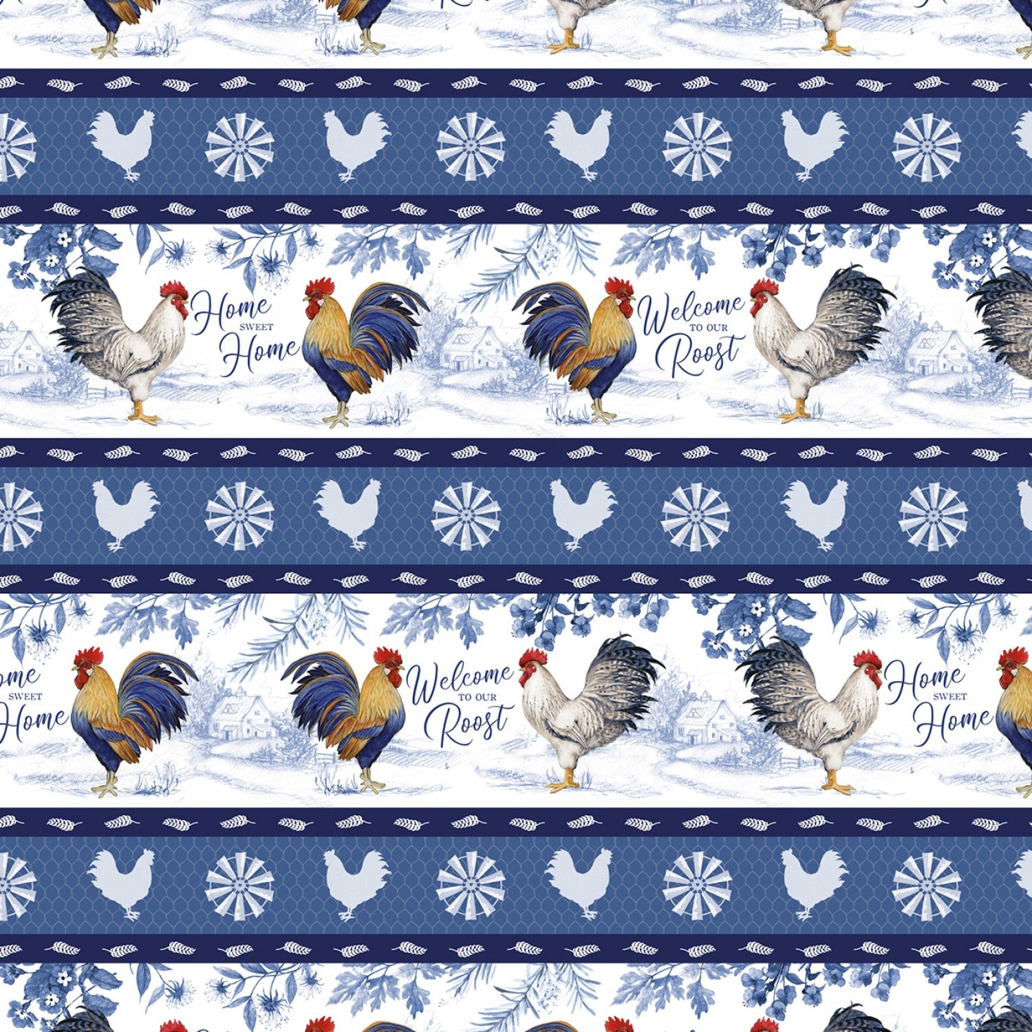 Quilt Fabric, Home to Roost, Roosters, Chickens, Country Farmhouse