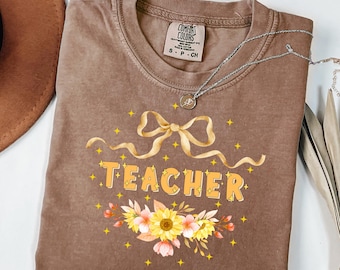 Teacher Preppy Floral Coquette png | Back to School Teacher png | Flower Teacher Bow png | Retro School Teacher png | Coquette Flowers