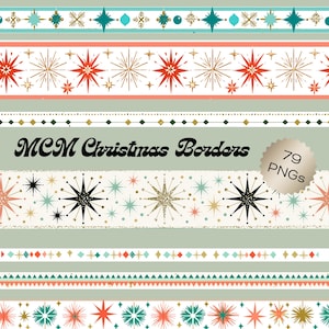 May include: A digital collection of MCM Christmas Borders featuring 79 PNGs. The design displays horizontal strips with repeating starburst patterns, geometric shapes, and dots in shades of teal, coral, gold, and black on a sage green background.