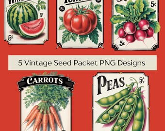 Retro Seed Packet Bundle | Vintage Vegetable Garden Clipart | Tomatoes Watermelon png | Junk Journal Ephemera | Peas Carrots Radishes png