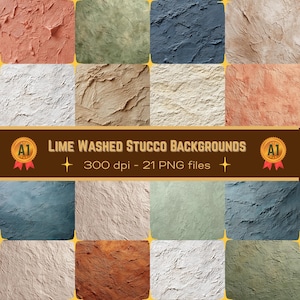 May include: A grid of sixteen stucco backgrounds in various colors, including red, green, blue, and beige. The text "LIME WASHED STUCCO BACKGROUNDS" is displayed in a banner, along with "300 dpi - 21 PNG files". Each background has a textured, weathered appearance.