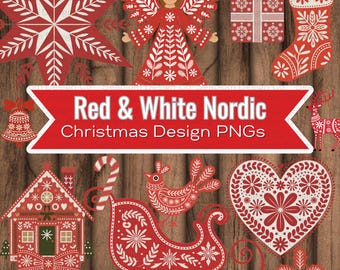 Red and White Nordic Christmas png Bundle | Christmas Folk Art Winter png | Scandinavian Christmas Designs | Hygge Winter Clipart