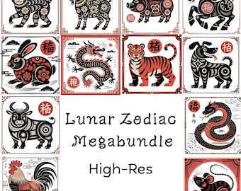 Lunar Zodiac SVG Bundle | Chinese Zodiac PNG DXF | Lunar New Year Cutting Files | Astrology Clipart  Zodiac Bundle | Year of the Horse