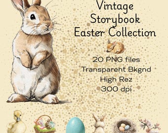 Vintage Watercolor Easter png Bundle | Storybook Easter png Collection | Bunny Illustrations | Pastel Soft Easter pngs | Easter Clipart
