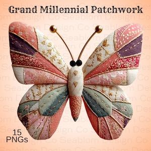 May include: A patchwork butterfly with wings in shades of pink, purple, and green, with gold antennae and black eyes. The text "Grand Millennial Patchwork" is at the top, and "15 PNGs" is at the bottom.