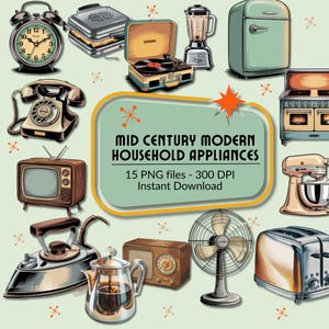 Puede incluir: Ilustración digital de varios electrodomésticos modernos de mediados de siglo. La imagen incluye un despertador retro, un tocadiscos, una licuadora, un refrigerador, una estufa, un teléfono, un televisor, una plancha, una tetera, una radio, un ventilador, una tostadora y una batidora.
