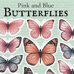 Pink and Blue Fussy Cut Butterflies Digital Download | Printable Retro Butterfly Download | Fussy Cut Ephemera Butterflies |