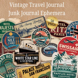 Vintage Travel Junk Journal Ephemera | Retro Hotel Travel Stickers | Antique Travel Ephemera | Retro Travel Sticker pngs | Retro Hotel Tag