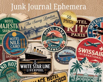 Vintage Travel Junk Journal Ephemera | Retro Hotel Travel Stickers | Antique Travel Ephemera | Retro Travel Sticker pngs | Retro Hotel Tag