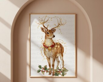 Paquete de arte mural de renos invernales nevados / Trío familiar de renos navideños / Lámina artística rústica de renos árticos / Tarjeta navideña de renos