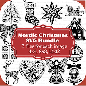 Könnte beinhalten: Ein schwarz-weißes Nordic Christmas SVG-Bundle mit verschiedenen festlichen Designs, darunter ein Weihnachtsbaum, ein Strumpf, eine Schneeflocke, ein Schlitten, ein Haus, ein Geschenk, ein Rentier, ein Herz, ein Engel und eine Glocke. Der Text auf dem Bild lautet "Nordic Christmas SVG Bundle".