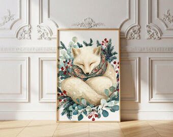 Trio of Arctic Fox Retro Wall Art Downloadable Prints | Fox Kits Design | Sleeping Fox Painting | Retro Christmas Fox Art