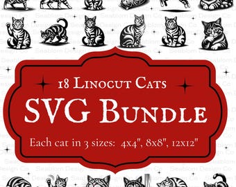 Linocut Cats SVG Bundle | Woodcut Cat design svgs | Engraved Cat Illustration | Vintage Tabby Cat Art | Sleeping Cat | Cat Eating