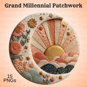 Może przedstawiać: Haftowane dzieło sztuki w kształcie półksiężyca, z motywem wschodu słońca ze złotym słońcem i warstwowymi wzgórzami. Element zawiera kwiatowe i gwiazdkowe akcenty w odcieniach brzoskwini, kremu i granatu. Widoczny jest tekst "Grand Millennial Patchwork" i "15 PNGs".