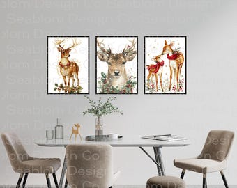 Paquete de arte mural de renos invernales nevados / Trío familiar de renos navideños / Lámina artística rústica de renos árticos / Tarjeta navideña de renos
