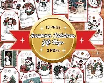 Etiquetas de regalo de muñeco de nieve navideñas descargables / Etiquetas de regalo de muñeco de nieve para imprimir y recortar / Imágenes PNG de muñecos de nieve adorables / Imágenes prediseñadas de muñecos de nieve festivos / Sombrero de copa