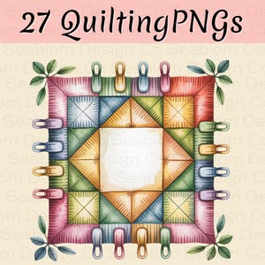 May include: A watercolour illustration of a quilt with a square patchwork design. The quilt features a variety of colours, including pink, green, yellow, and blue. Clothespins are attached around the edges. The text "27 Quilting PNGs" is at the top.