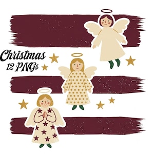 May include: Three illustrated angels with halos and wings, featuring cream-colored robes with polka dot and star patterns, arranged over dark red horizontal brush strokes and gold stars. The text Christmas 12 PNGs is printed on the left side.