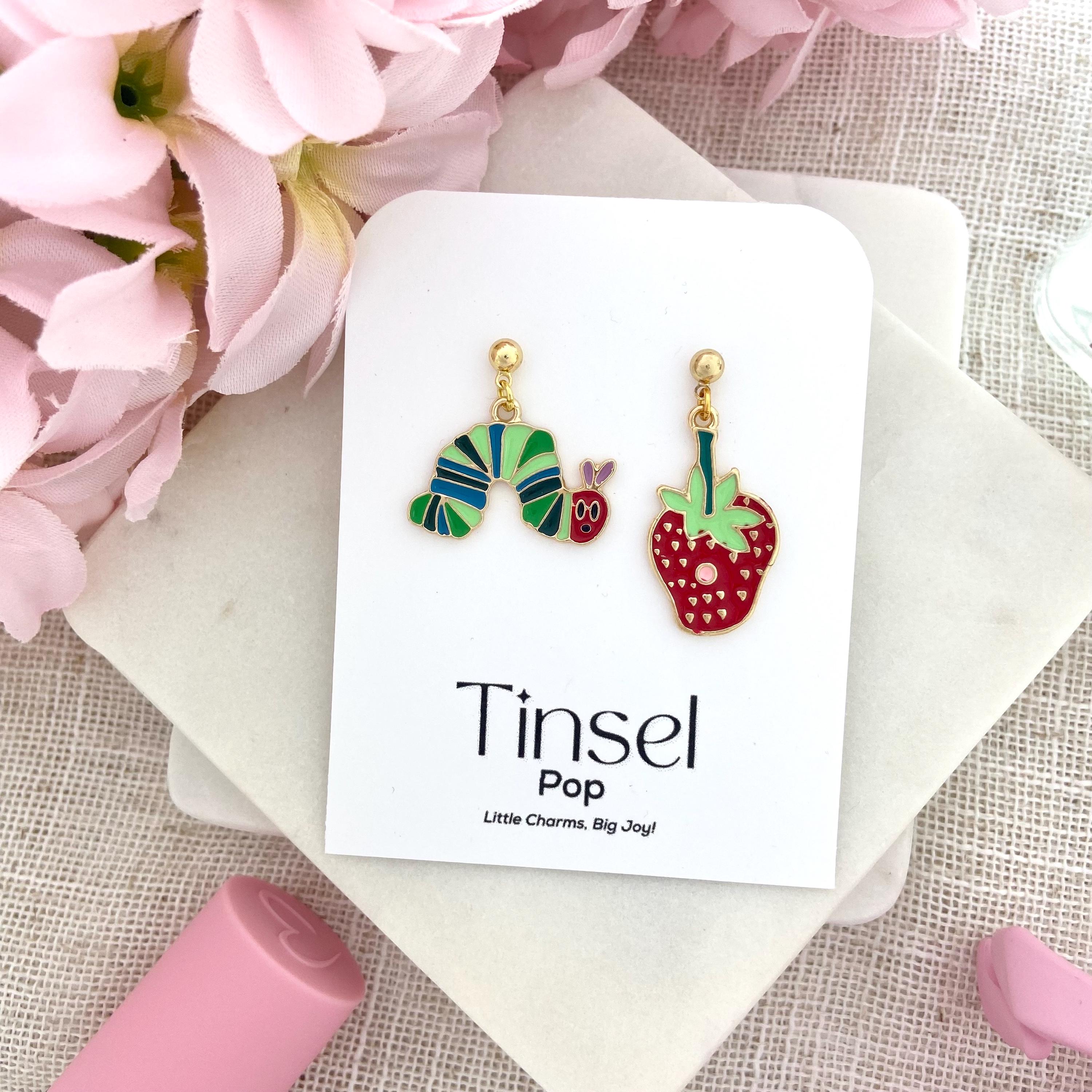 Hungry Caterpillar Mismatched Earrings | Strawberry & Fruit Dangles | 18K Gold Plated Studs | Whimsical Teacher Gift | Storybook Jewelry