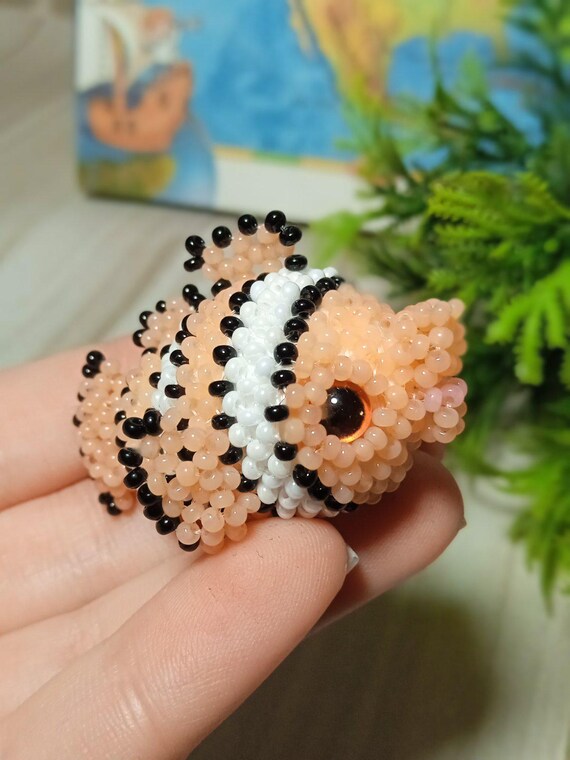 Beaded Fish Figurine, Miniature Tropical Sea Animal, Realistic Glass Eyes (Keychain Option)