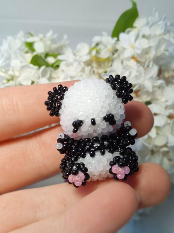 Handmade Beaded Panda Figurine, Miniature Panda Bear Sculpture, Cute Panda Keychain, Unique Pet Lover Gift, Pocket Sized Animal Art