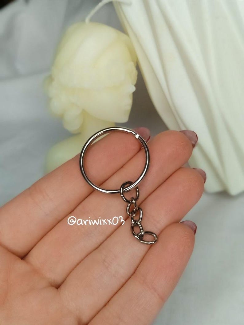 Pu&ograve; includere: Un portachiavi in metallo color argento composto da un anello circolare diviso attaccato a una corta catena a tre maglie. Il testo @ariwixx03 &egrave; stampato in bianco sulla superficie dell'anello metallico. Il portachiavi ha una finitura lucida.