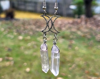 Pale Purple Quartz Moon Earrings hammered stainless steel silver crystal gemstone dangle bohemian boho