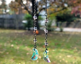 Moonlight Crystal Moon Earrings with black patina brass metals purple czech glass austrian drops dangly