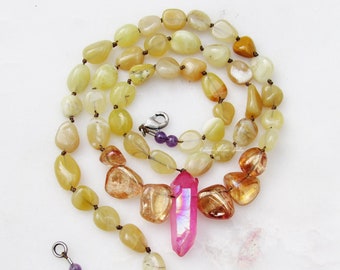 SUNRISE Yellow Opal and Quartz Hand Knotted Necklace Beaded Gemstone amethyst pink orange